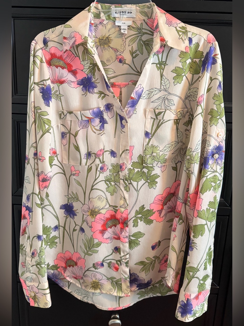 Express Floral Button-Up Blouse in Cream with Pink & Purple Blooms